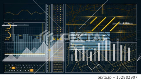 Displaying dark-theme analytics dashboard interface on screen, with line graph, gauges, bar chart Displaying dark-theme analytics dashboard interface on screen, with line graph, gauges, bar chart 132982907