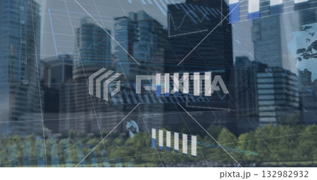 Displaying financial data overlay over skyline with bar and line charts, globe icons and gridlines Displaying financial data overlay over skyline with bar and line charts, globe icons and gridlines 132982932