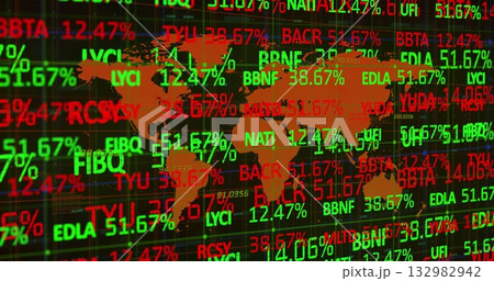 Displaying orange world map silhouette overlaying digital dashboard, with scrolling stock tickers 132982942