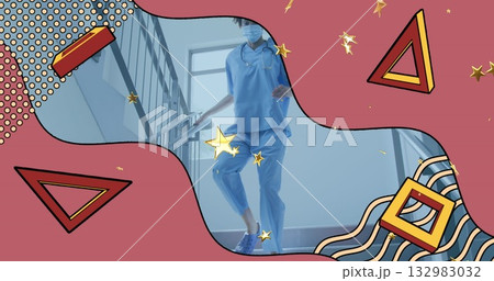 Medic in scrubs going down hospital stairs holding rail with stethoscope surgical mask window steps 132983032