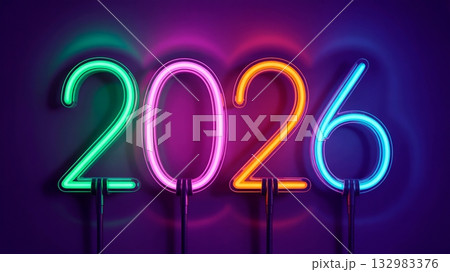 Neon 2026 with vivid glow on a dark gradient studio background; clean, modern composition for New Year banners, posters, and seasonal marketing 132983376
