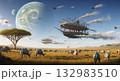 飛行船が飛ぶSFファンタジー世界の平原と野生動物 132983510
