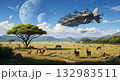 スチームパンク飛行船が飛ぶ異世界のサバンナと野生動物 132983511