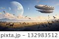 複数の惑星が浮かぶ空とツェッペリン型飛行船のある異世界平原 132983512