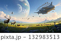 バッファローの群れと巨大な惑星が見える異世界の平原風景 132983513