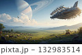 土星型惑星と円盤型宇宙船が浮かぶ異世界の牧歌的風景 132983514