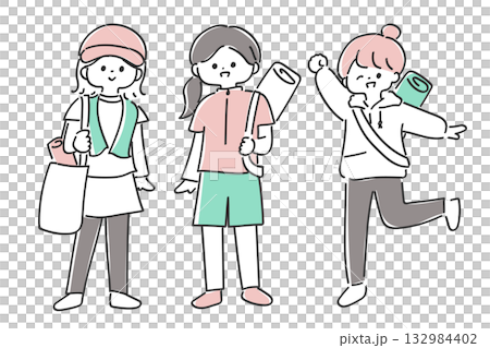 A simple and cute illustration of a group of women wearing sportswear 132984402