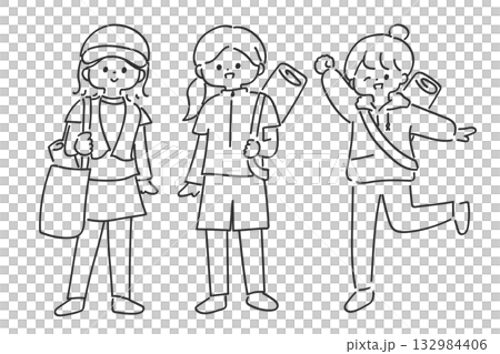 A group of women wearing sportswear. Line drawing. Simple and cute illustration. A group of women wearing sportswear. Line drawing. Simple and cute illustration. 132984406