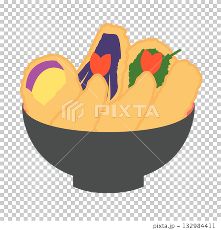 一幅精美特製天婦羅碗的插圖。天婦羅，日本料理。每種食材都可以自由地作為向量圖分離。 132984411