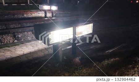 Axle counter beside railway track on stone ballast, Indian Railways sensor used for track occupancy detection, signaling safety, 132984462