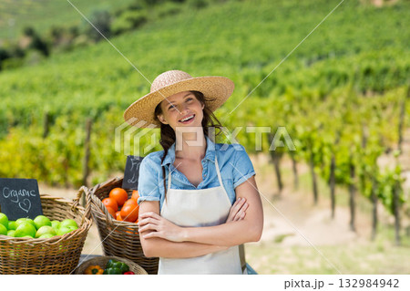 Female vendor standing at vineyard stand wearing apron displaying produce and sign reading Organic Female vendor standing at vineyard stand wearing apron displaying produce and sign reading Organic 132984942