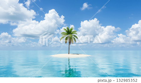 Single palm tree on a small sandy island in turquoise ocean water Single palm tree on a small sandy island in turquoise ocean water 132985352