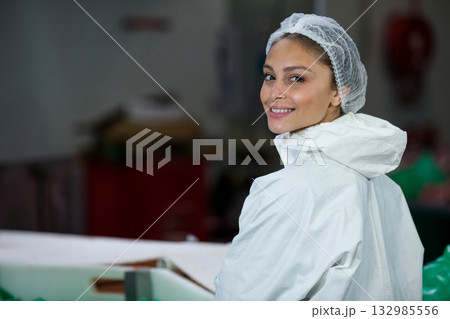 Female worker in protective suit and hairnet working at conveyor in packaging plant, copy space Female worker in protective suit and hairnet working at conveyor in packaging plant, copy space 132985556