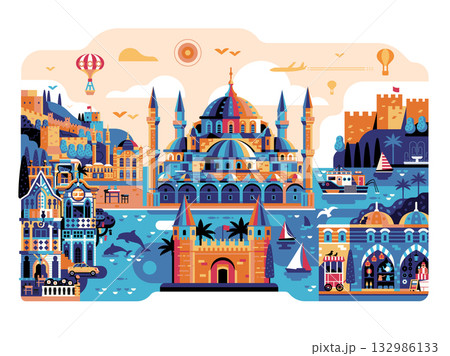 Travel Istanbul Scene with Tourist Landmarks Travel Istanbul Scene with Tourist Landmarks 132986133