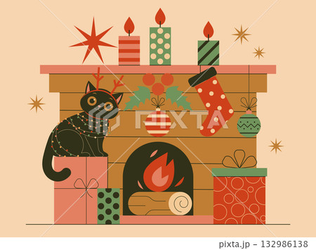 Christmas Festive Scene with Cat Sits by Fireplace Christmas Festive Scene with Cat Sits by Fireplace 132986138