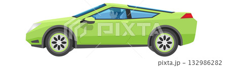 Concept vector illustration of detailed side of a flat green sport car. Can view interior of car with driving man. Isolated white background wide angle view. Concept vector illustration of detailed side of a flat green sport car. Can view interior of car with driving man. Isolated white background wide angle view. 132986282