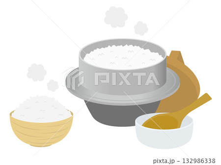蓋の開いた釜と茶碗に入った炊き立ての白米のイメージイラスト 132986338