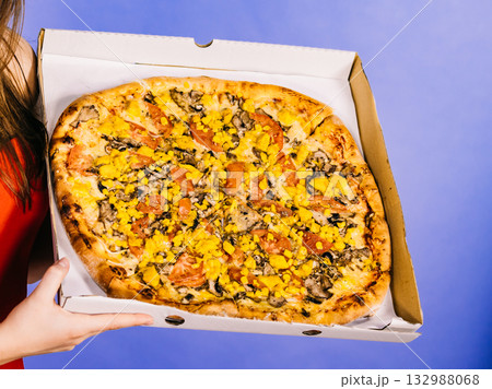 Big fresh pizza in box, junk food 132988068