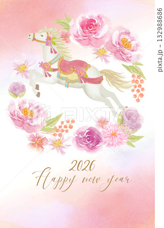 水彩手書きのおしゃれな花の年賀状テンプレート 132988686