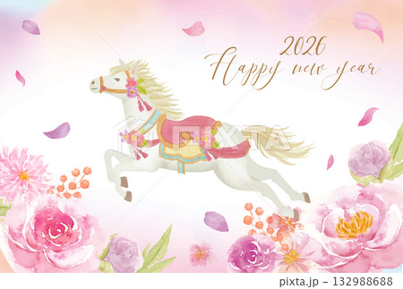 水彩手書きのおしゃれな花の年賀状テンプレート 132988688