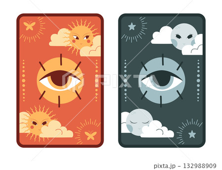 Hand drawn tarot card design with sun and moon characters and magical eye. Vector illustration 132988909
