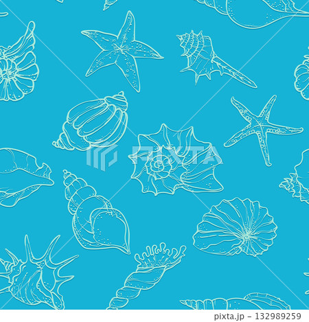 line art illustration of various seashells and starfish on a deep ocean background. . 132989259
