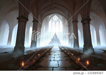 ゲーム背景　光が差し込む古代地底都市の神殿と石畳の通路 132989367
