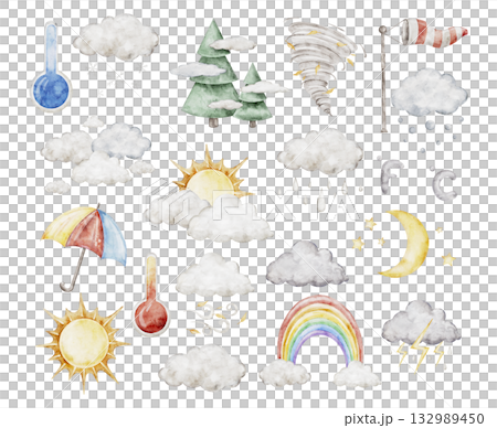 Large watercolor weather icon. Hand drawn big illustration set with temperature, sun, rain, snow, cloud, storm, for climate forecast. Meteorology 132989450