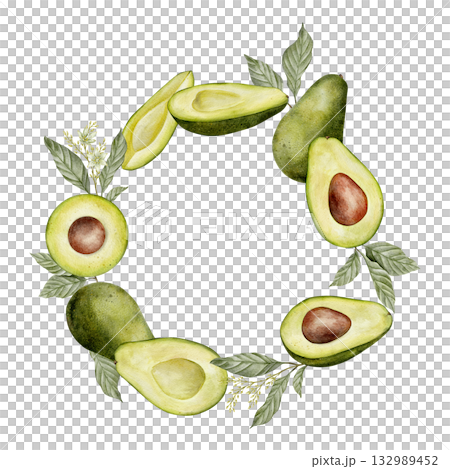 Circle avocado wreath. Watercolor fruit leaves and flowers illustration. Hand drawn botanical drawing. Green plant on isolated background for food, cosmetic packaging design, card, invitation. 132989452