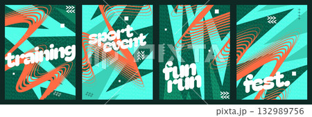 Abstract Sports Poster Collection with Geometric Shapes and Wavy Line Elements. Banner, Poster, or Cover Template for Sports, Fitness, Workout, Gym, Flyer, or Music Festival 132989756