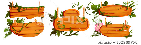 Jungle wooden signboard set with tropical plant 132989758