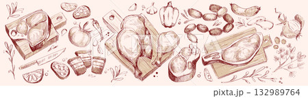 Raw meat piece with vegetable sketch set 132989764