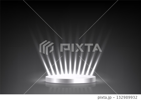 Silver award podium. Anniversary empty stage with glowing light rays on black background. Template for celebration birthday or jubilee, winner ceremony. Vector illustration Silver award podium. Anniversary empty stage with glowing light rays on black background. Template for celebration birthday or jubilee, winner ceremony. Vector illustration 132989932