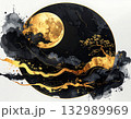 金箔の満月と松を描いた和モダン背景　黒と金の高級感ある日本的デザイン 132989969