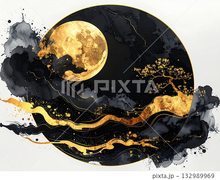 金箔の満月と松を描いた和モダン背景　黒と金の高級感ある日本的デザイン 132989969