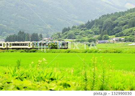夏の遠野 水田地帯から見える釜石線と列車 132990030