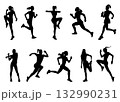 Female runner silhouette vector set with dynamic athletic poses 132990231