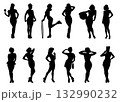 Hand-drawn pin-up female silhouette vector set with stylish vintage poses 132990232