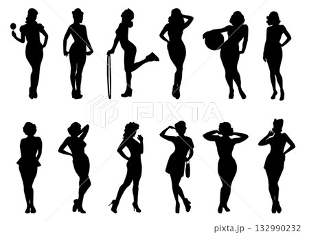 Hand-drawn pin-up female silhouette vector set with stylish vintage poses Hand-drawn pin-up female silhouette vector set with stylish vintage poses 132990232