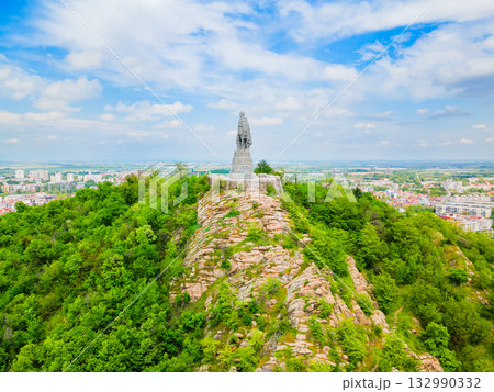 Alyosha Monument aerial panoramic view in Plovdiv city 132990332