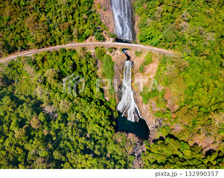 Dudhsagar Falls aerial panoramic view in Goa, India Dudhsagar Falls aerial panoramic view in Goa, India 132990357