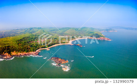 Om Beach aerial panoramic view in Gokarna, India Om Beach aerial panoramic view in Gokarna, India 132990379