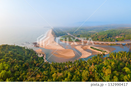 Galgibaga Beach aerial panoramic view in Goa, India Galgibaga Beach aerial panoramic view in Goa, India 132990417
