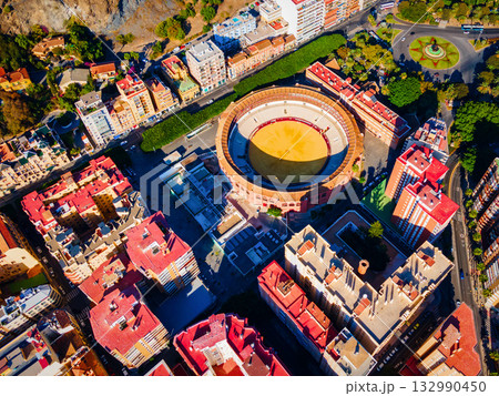 Bullring, bull ring building aerial panoramic view, Malaga Bullring, bull ring building aerial panoramic view, Malaga 132990450