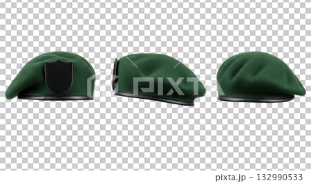 Green military beret hat with blank patch shown in three views for army special forces uniform Green military beret hat with blank patch shown in three views for army special forces uniform 132990533