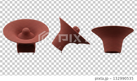 Avant garde terracotta woven hat with extra wide brim from three different views for high fashion Avant garde terracotta woven hat with extra wide brim from three different views for high fashion 132990535