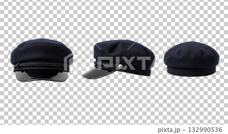 Classic black fiddler or mariner cap a timeless naval style headwear shown in three views Classic black fiddler or mariner cap a timeless naval style headwear shown in three views 132990536