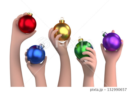 3d cartoon hands holding festive christmas baubles against transparent background, full of holiday cheer and joy 132990657