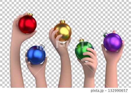 3d cartoon hands holding festive christmas baubles against transparent background, full of holiday cheer and joy 3d cartoon hands holding festive christmas baubles against transparent background, full of holiday cheer and joy 132990657