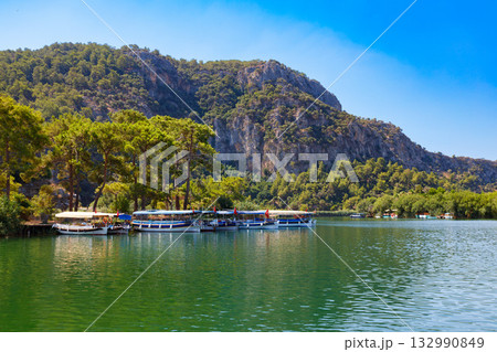 Boats at Dalyan river in Dalyan town, Turkey 132990849